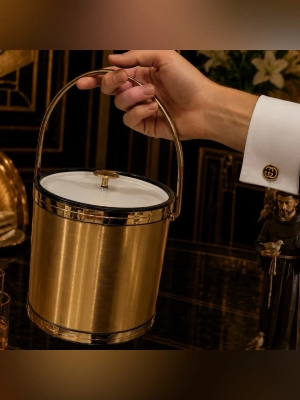 Mid-Century Modern Vintage Gold Ice Bucket Elegance Kraftware NJ Fine Art Deco
